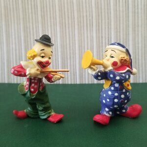 Pair of Vintage Clown Figurines Musical Instruments Plastic 3” Circus